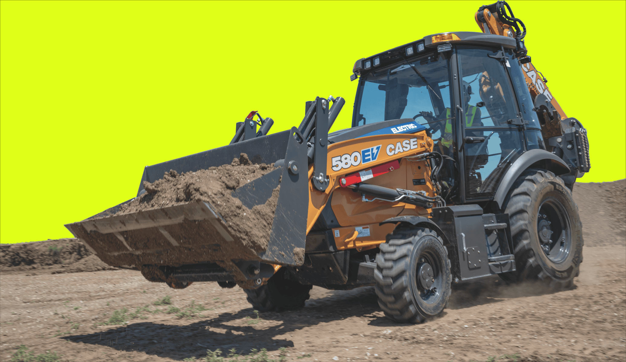 CASE 580EV Electric Backhoe Loader on a jobsite
